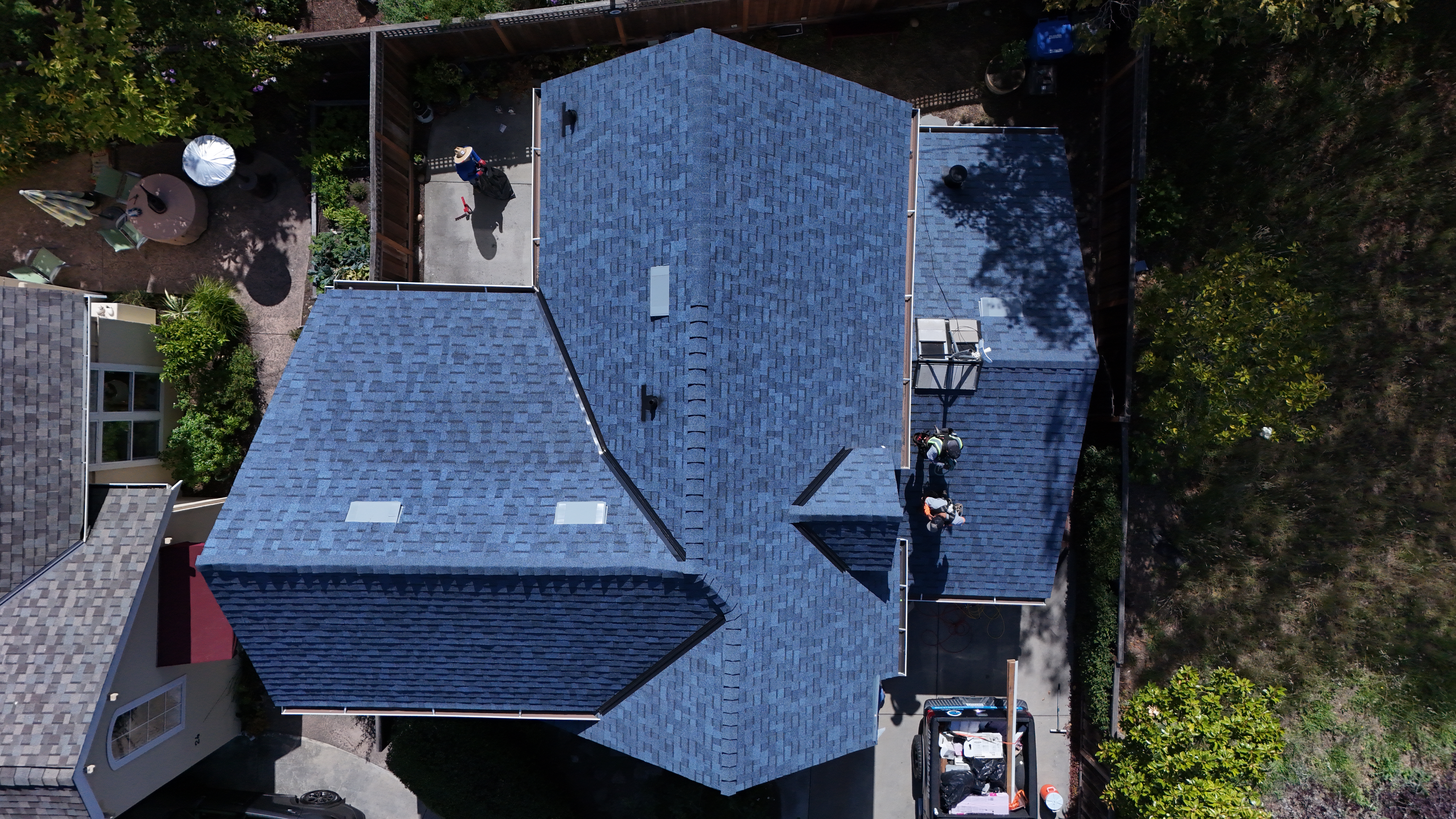 Owens Corning Duration Shingle in Harbor Blue – aerial view of completed roof replacement